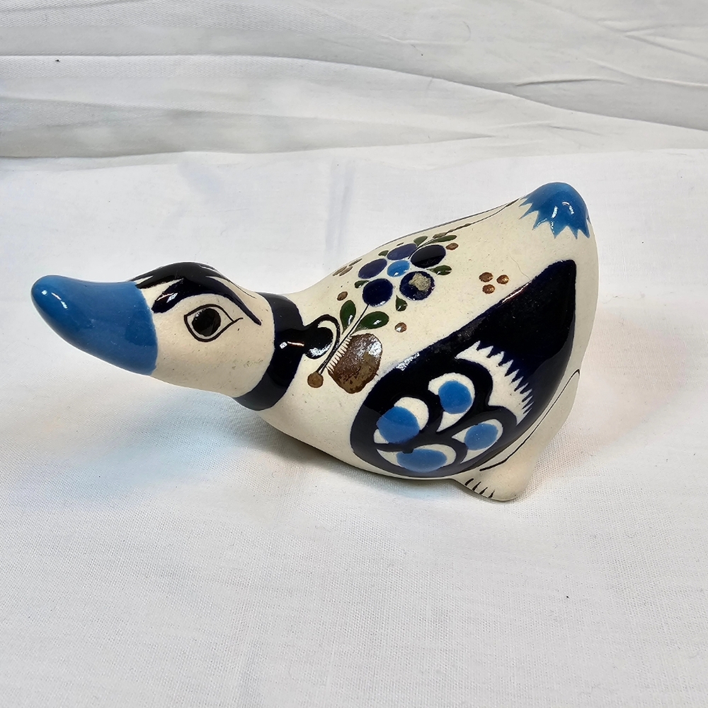 Vintage Mexican Folk Art Hand Painted Ceramic Duck Figurine